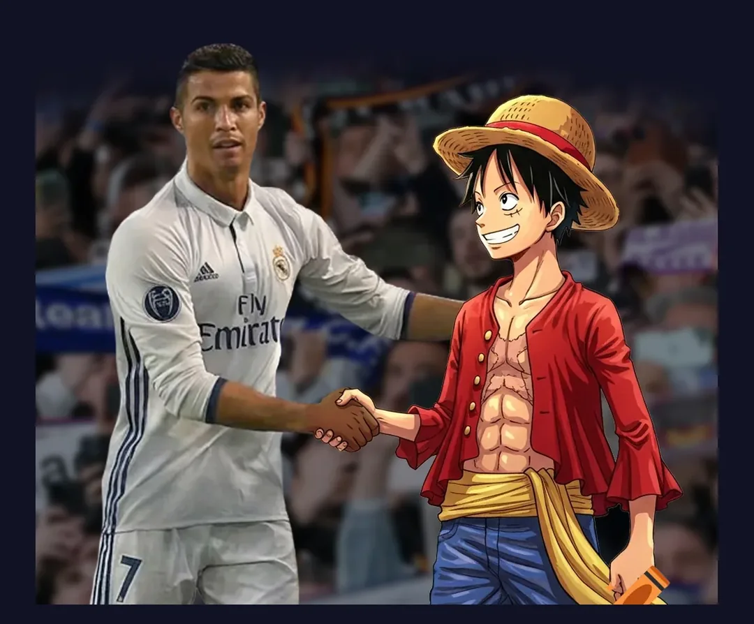 Cristiano Ronaldo shaking hands with Monkey D. Luffy from One Piece