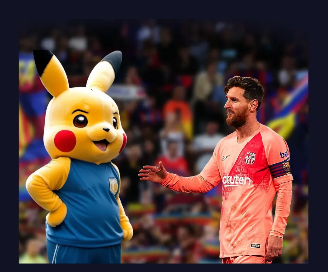 Pikachu in a soccer kit greeting Lionel Messi on the pitch